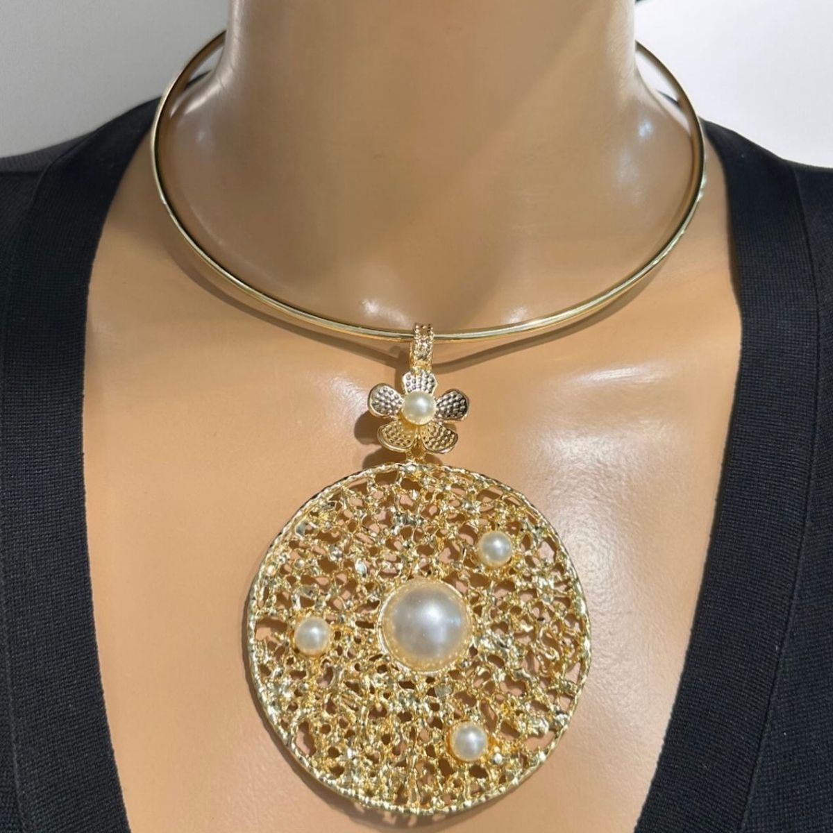 Gold-Tone Filigree Pearl Medallion Choker Necklace